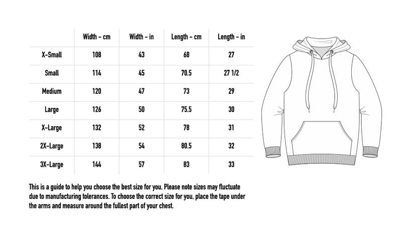 Size chart for CD + Hoodie Bundle